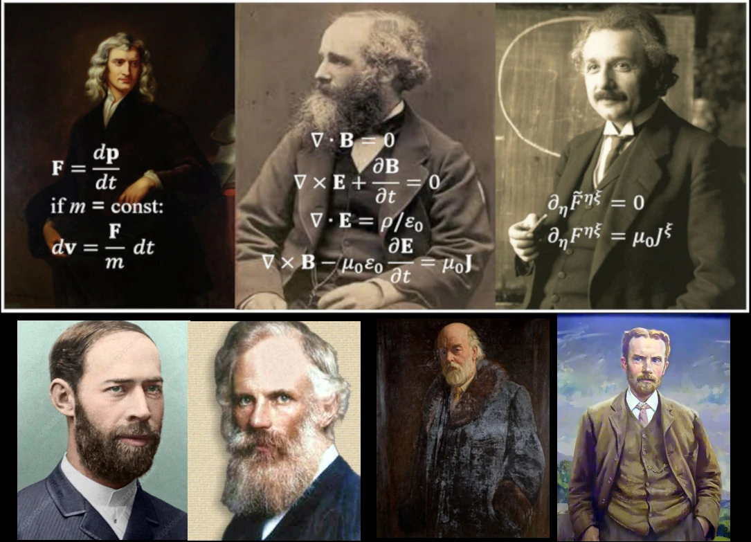 Isaac Newton, James Clear Maxwell, Albert Einstein e os quatro maxwellianos: Heinrich Rudoph Hertz, George Francis FitzGerald, Oliver Lodge e Oliver Heaviside.