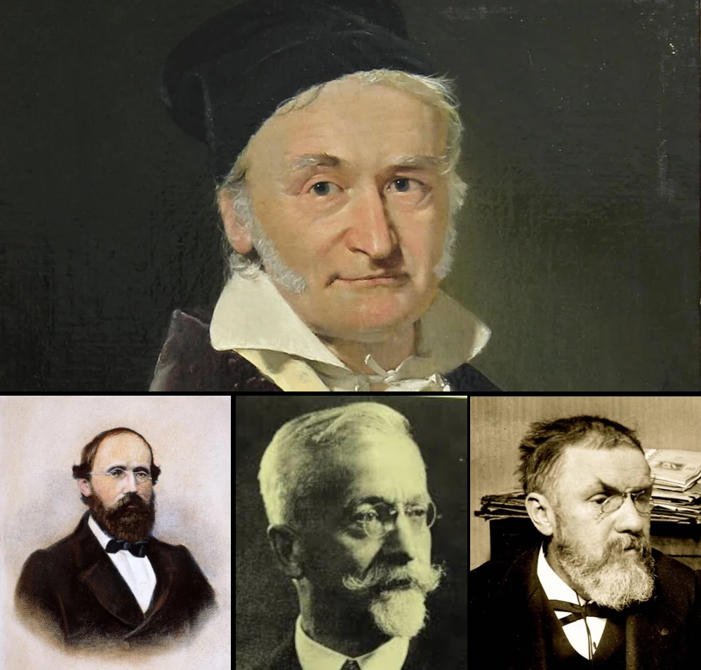 Carl Friedrich Gauss (1777-1855), Bernhard Riemann (1826-1866), Élie Cartan (1869-1951), Henri Poincaré (1854-1912)